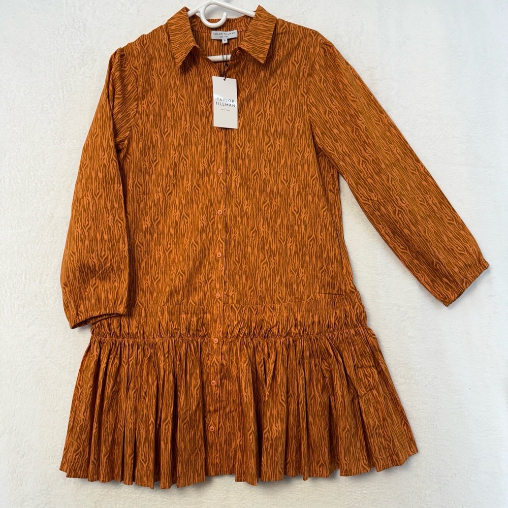 TAYLOR TILLMAN Harper Shirt Dress Small Brown Long Sleeves Earthy Fall Poplin